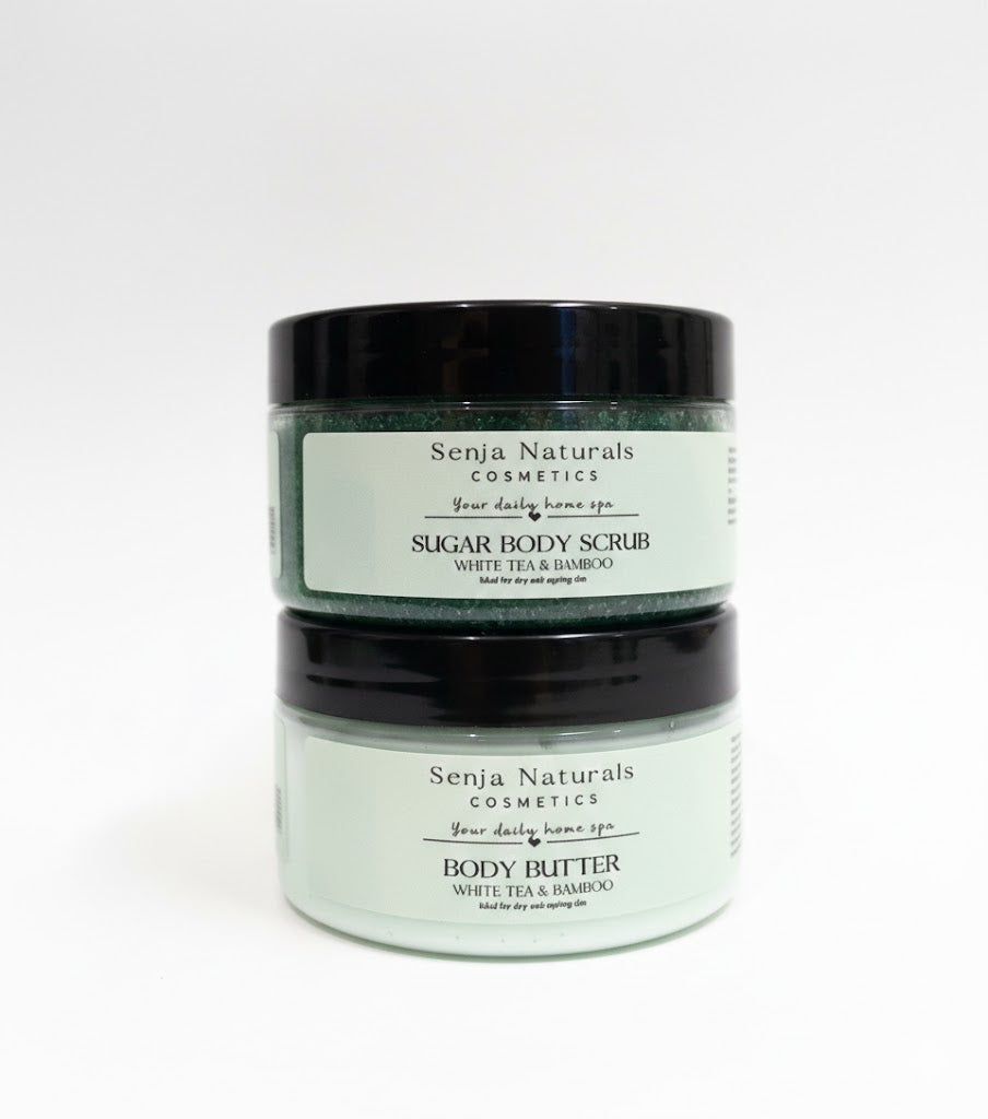 Naturlig hudpleie gavesett White Tea Bamboo body butter og scrub