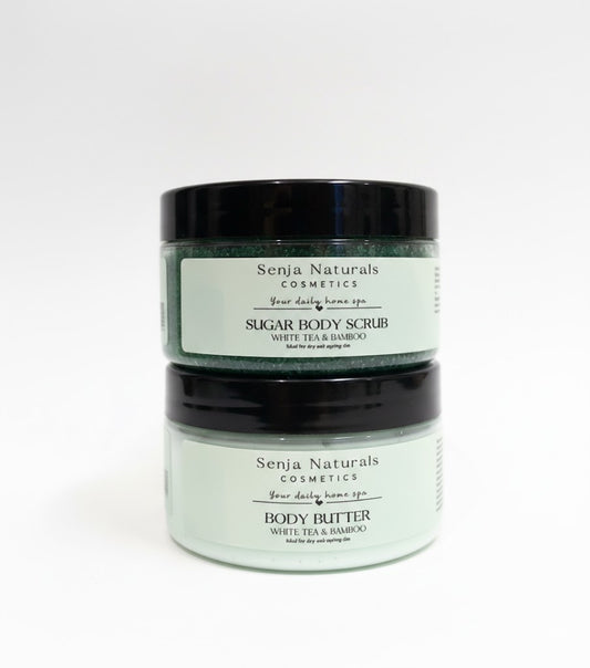 Naturlig hudpleie gavesett White Tea Bamboo body butter og scrub